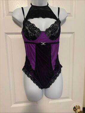 Purple & Black Lace Halter Bodysuit